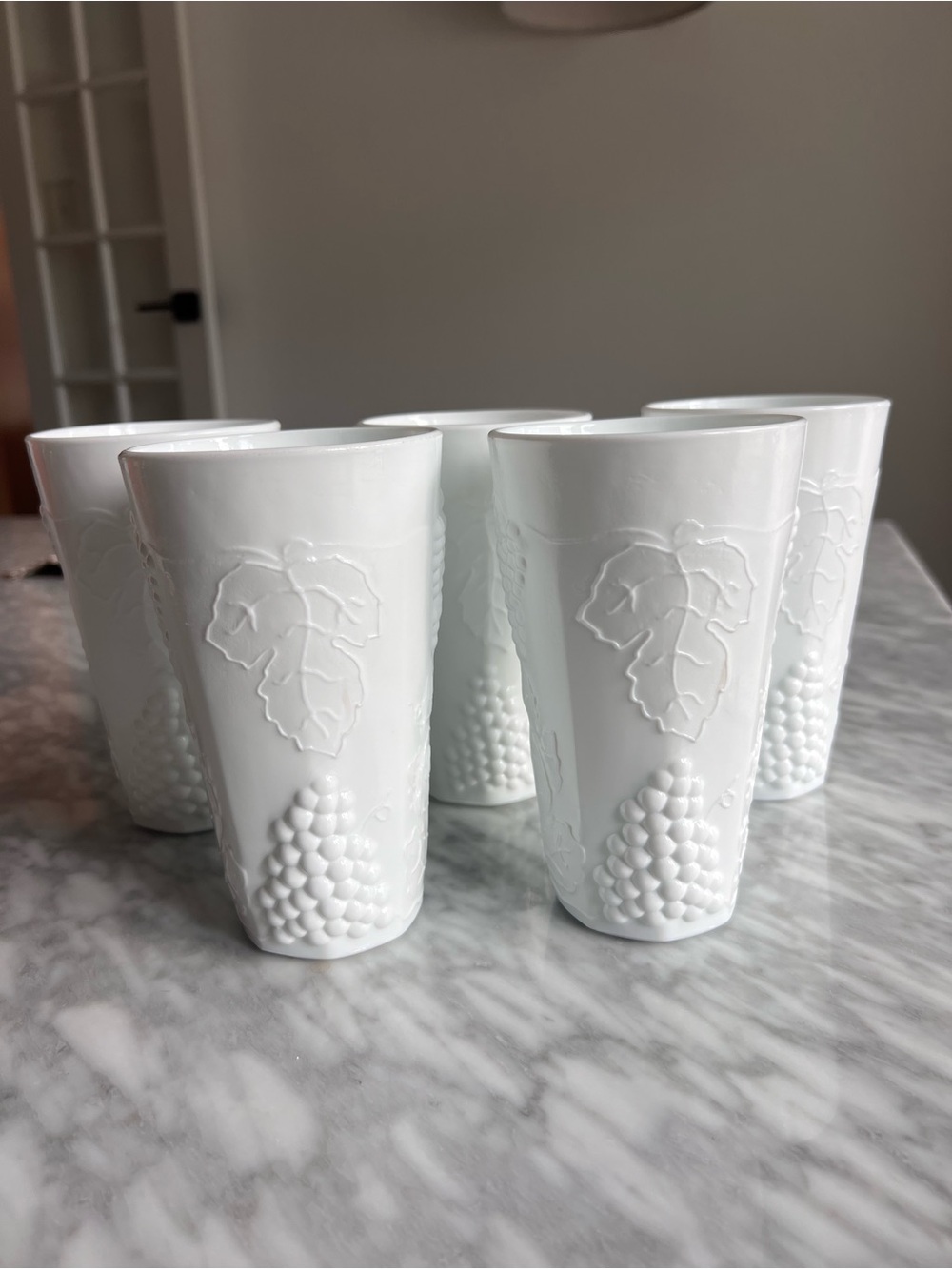 Vintage Indiana Glass White Embossed Grape Tumbler Set of 5